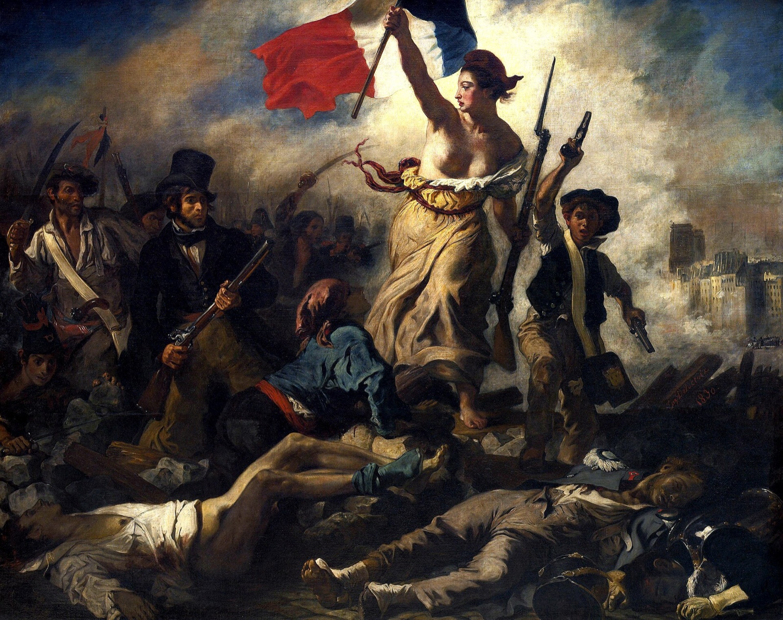 德拉克罗瓦《自由引导人民》，自由女神举旗带领人群前进