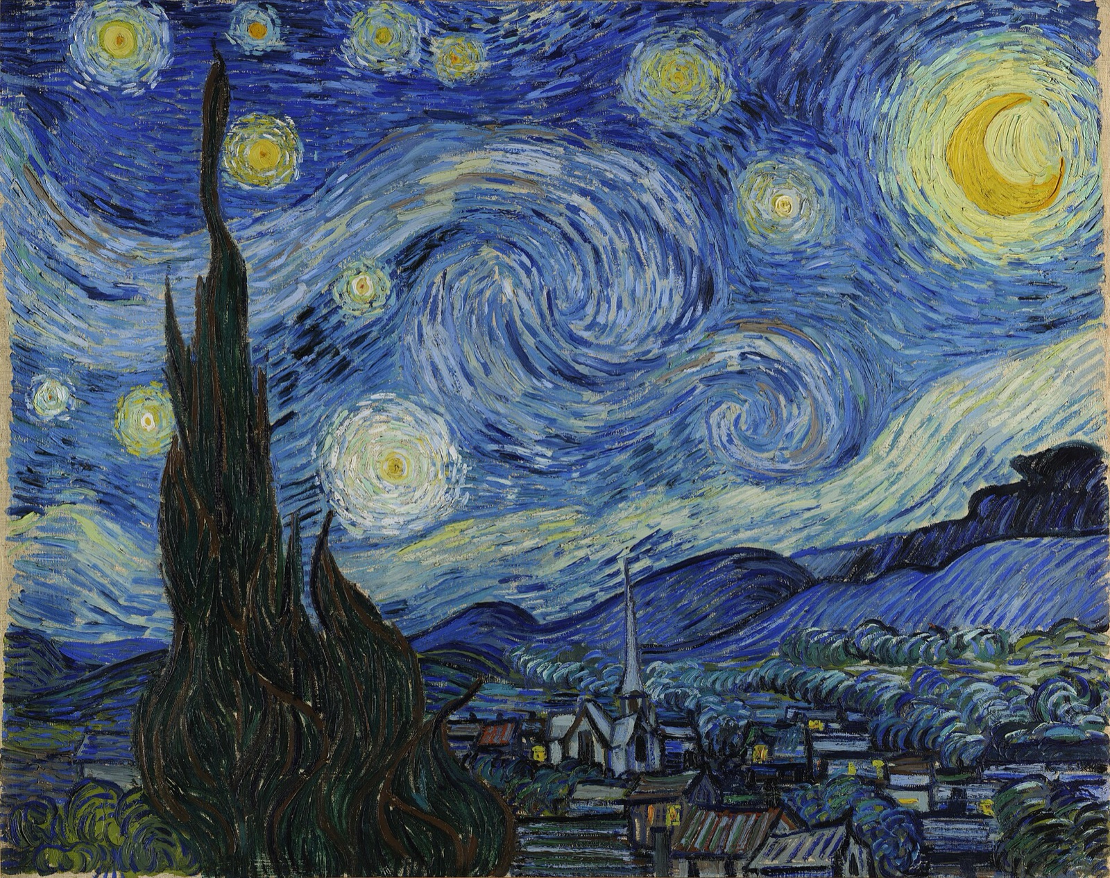梵高《星月夜》，旋转的蓝色夜空覆盖村庄与柏树